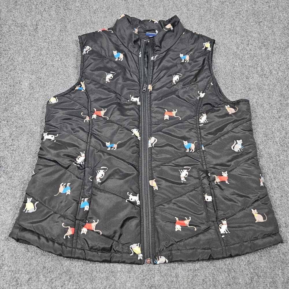 Northcrest Puffer Vest Womens XL Black Cat Print Quilted Full Zip Sleeveless